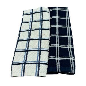 Plaid Kitchen Dish Towels Set Of 2 - Navy Blue & White Cotton Polyester READ